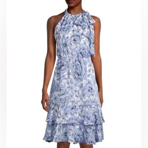 Ann Taylor Factory Blue & White Floral Ruffle Halter Dress